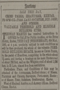 Cross Parks auction advert 6th May 1885