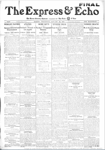 Front page of the Express and Echo, 19th Jan 1910